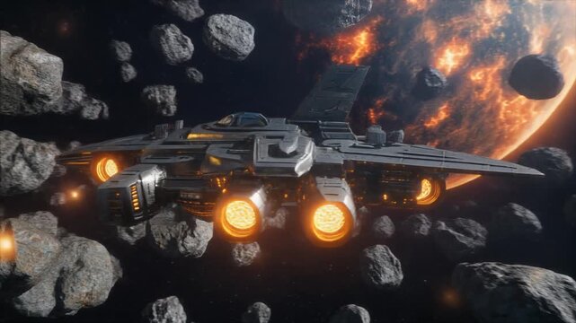 Cinematic Deep-Space Starship Fly-Through Across a Dense Asteroid Field