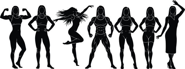 Set of female fitness silhouettes, black vector image of strong women bodybuilding, posing, dancing, and celebrating success for health and wellness concepts,