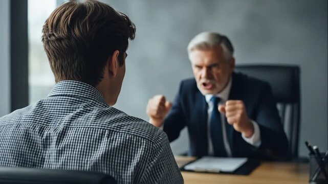 Angry boss yelling at a male employee in an office. A senior manager reprimands a subordinate during a difficult confrontation. Workplace conflict and job stress concept