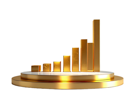 Golden, rising bar graph on a tiered platform, against a black backdrop, reflecting light