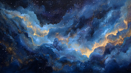 Blue and gold cosmic clouds over starscape with galactic mist