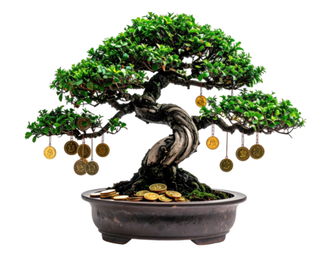 A bonsai tree with coins hanging from its branches and coins at the base