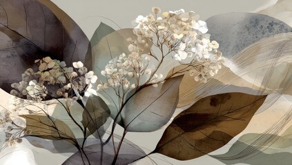 A watercolor botanical illustration depicts delicate white flowers with layered brown leaves and soft background shapes