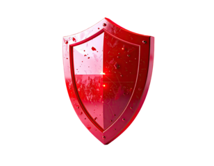 A glossy, red metallic shield isolated on a black backdrop, reflecting light with a slight texture