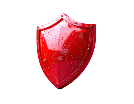 Isolated, lustrous, red shield, with rivets and reflective surface. Against a black background