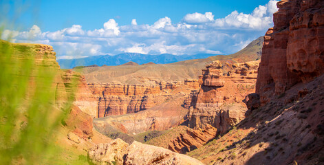 Charyn Canyon, Valley of Castles. The excellence of Kazakhstan. Panorama of natural unusual landscape. The red canyon of extraordinary beauty looks like a Martian landscape.