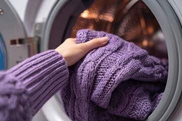 A hand in a purple sweater, putting a purple knitted garment into a washing machine
