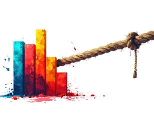 Colorful bar chart being pulled by a rope. Abstract, conceptual illustration on black
