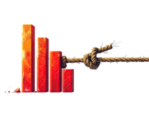 Graphical depiction of financial decline represented by a rope knotted to descending columns