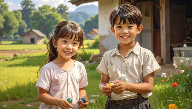 Two smiling children play with marbles in a sunny rural field.