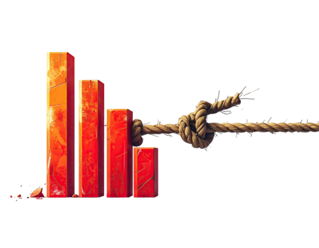 Graphical depiction of financial decline represented by a rope knotted to descending columns