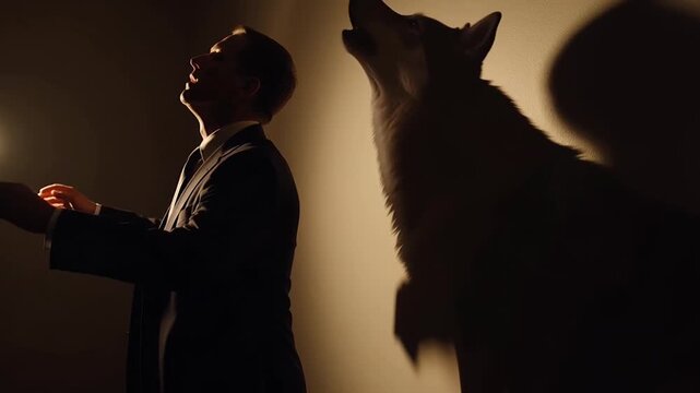 Man with wolf shadow in dramatic lighting