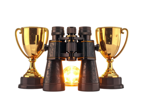 Golden trophies flanking binoculars with a sun in the background against a stark black backdrop