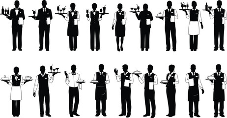 Set of waiter and waitress silhouettes, black vector image of professional service staff carrying trays with drinks and food, isolated on white background.