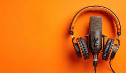 Studio headphones and microphone on orange background (1)