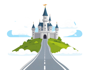 Cartoon castle atop a green hill, road leading to open gates, clouds surround