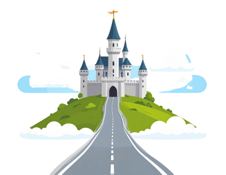 Cartoon castle atop a green hill, road leading to open gates, clouds surround