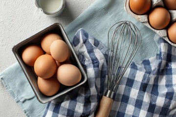 Fresh eggs, whisk, and milk, ready for baking