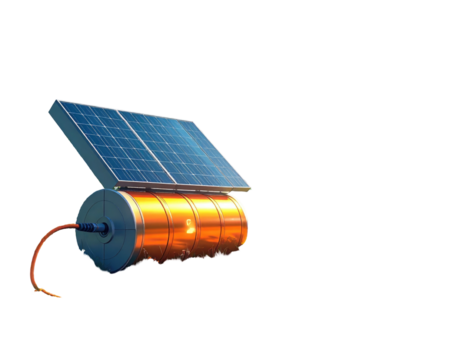 Modern solar-powered water storage system with blue panels on orange tank, isolated on black