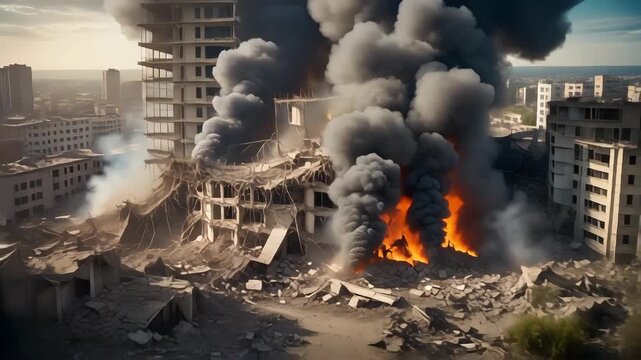 Urban landscape featuring a partially collapsed building, engulfed in flames and billowing smoke, with city buildings in the background