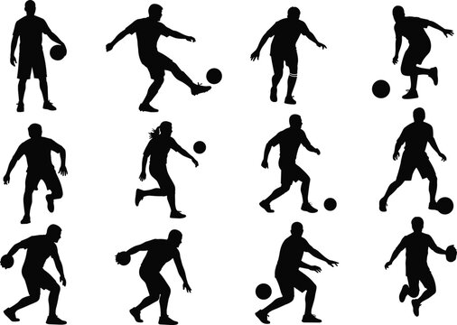 Black Silhouette Set of Diverse Football (Soccer) Players, Male and Female, Isolated on White Background, Showing Various Kicking and Dribbling Action Poses. - Powered by Adobe