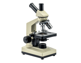 A medical microscope, in an off-white and black color scheme, with lens and stage features