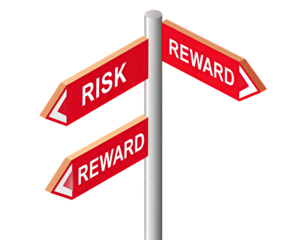 Three red directional signs with "Risk" and "Reward" pointing in different directions