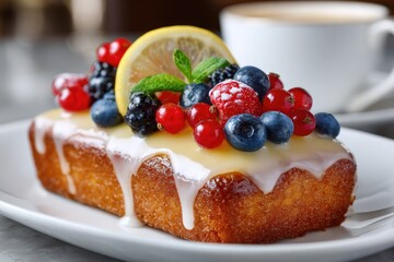 Lemon cake with fruit topping, drizzled icing, and a cup of coffee