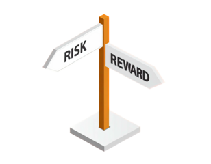 Isometric signpost illustrating "Risk" and "Reward" directions. Graphic design on black backdrop