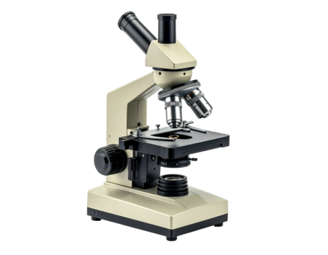 A medical microscope, in an off-white and black color scheme, with lens and stage features
