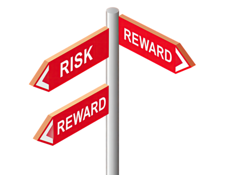 Three red directional signs with "Risk" and "Reward" pointing in different directions
