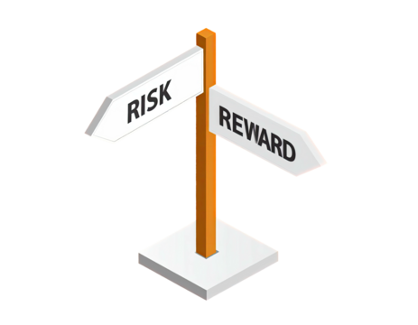 Isometric signpost illustrating "Risk" and "Reward" directions. Graphic design on black backdrop