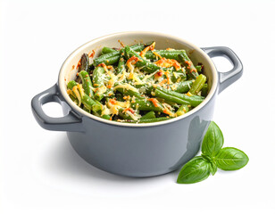 A pot of Green Bean Casserole isolated on a white background