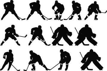 Black Silhouette Set of Ice Hockey Players, Including Goalkeepers, Isolated on White Background, Showing Various Action and Skating Poses.