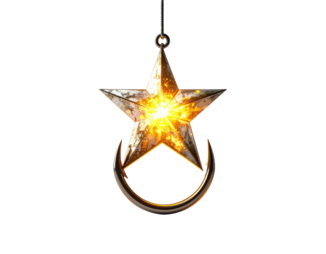 Illuminated, star-shaped ornament hanging from a hook, with a bright, inner glow