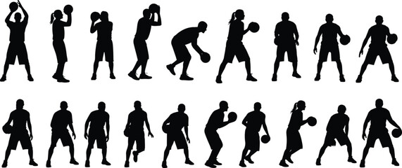 Black Silhouette Set of Diverse Basketball Players, Male and Female, Isolated on White Background, Showing Various Action Poses.