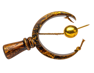 Close-up of ornate, golden artifact with crescent-shaped arms and central orb