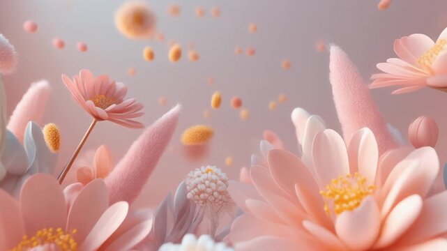 Surreal garden of soft pastel pink flowers and petals floating gently on a dreamy, light-filled abstract background