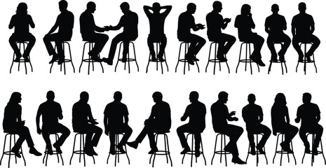 Black Silhouette Set of Diverse People Sitting on Bar Stools, Isolated on White Background, Showing Various Poses and Interactions.