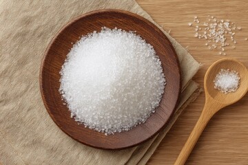 Wooden plate piled high with white salt crystals, beside a wooden spoon with more salt