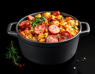 a pot of Sausage Stuffing isolated on a black background