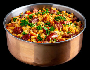 a pot of Sausage Stuffing isolated on a black background