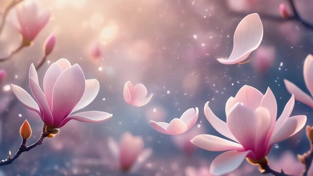 Dreamy ethereal scene of blooming pink magnolia flowers with soft focus and magical light