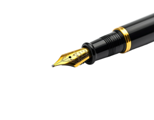 A close-up view of a fountain pen's nib and barrel against a black backdrop, highlighting its details