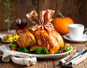 Classic Cheesecloth Turkey on a plate. Isolated on a wooden background.