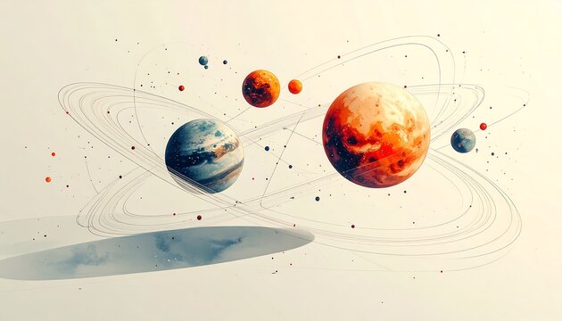 Digital art of colorful planets with orbiting rings and small celestial objects floating in the light - Powered by Adobe