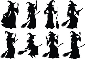 Vector Collection of Female Witch Silhouettes Wearing Pointed Hats and Holding Broomsticks Illustrating Halloween, Magic, Spells, and Fantasy Themes