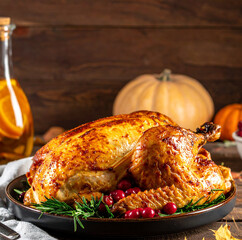 Classic Cheesecloth Turkey on a plate. Isolated on a wooden background.
