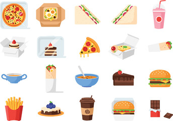 Large Flat Vector Collection of Diverse Fast Food and Take Away Dishes Including Pizza, Burgers, Desserts, Sandwiches, and Drinks for Delivery Apps