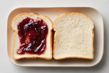 Two slices of bread, one with jam, on a light beige plate
